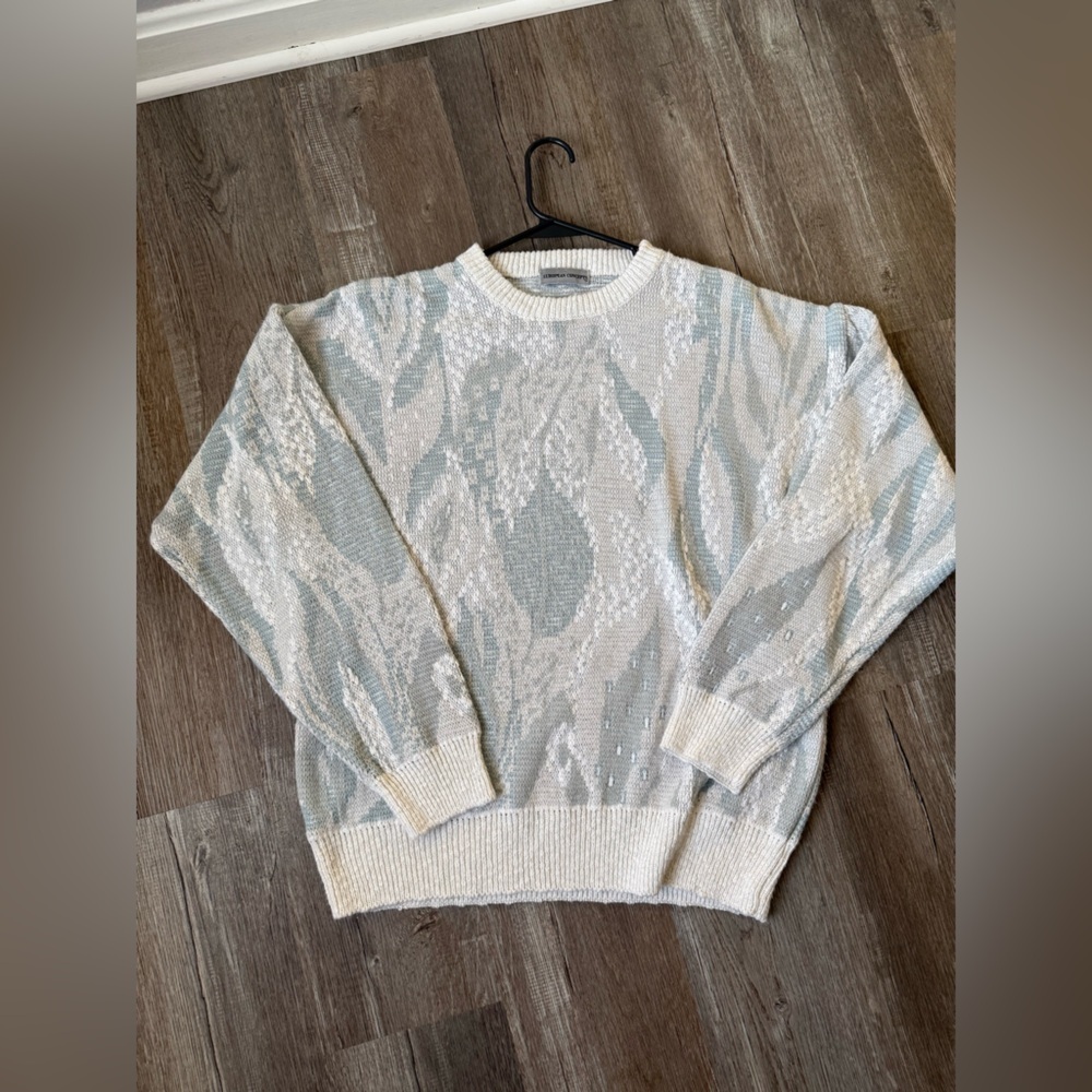 VTG Fair Isle Nordic Icelandic Sweater Pattern Retro Hippie Boho Gray Blue M L